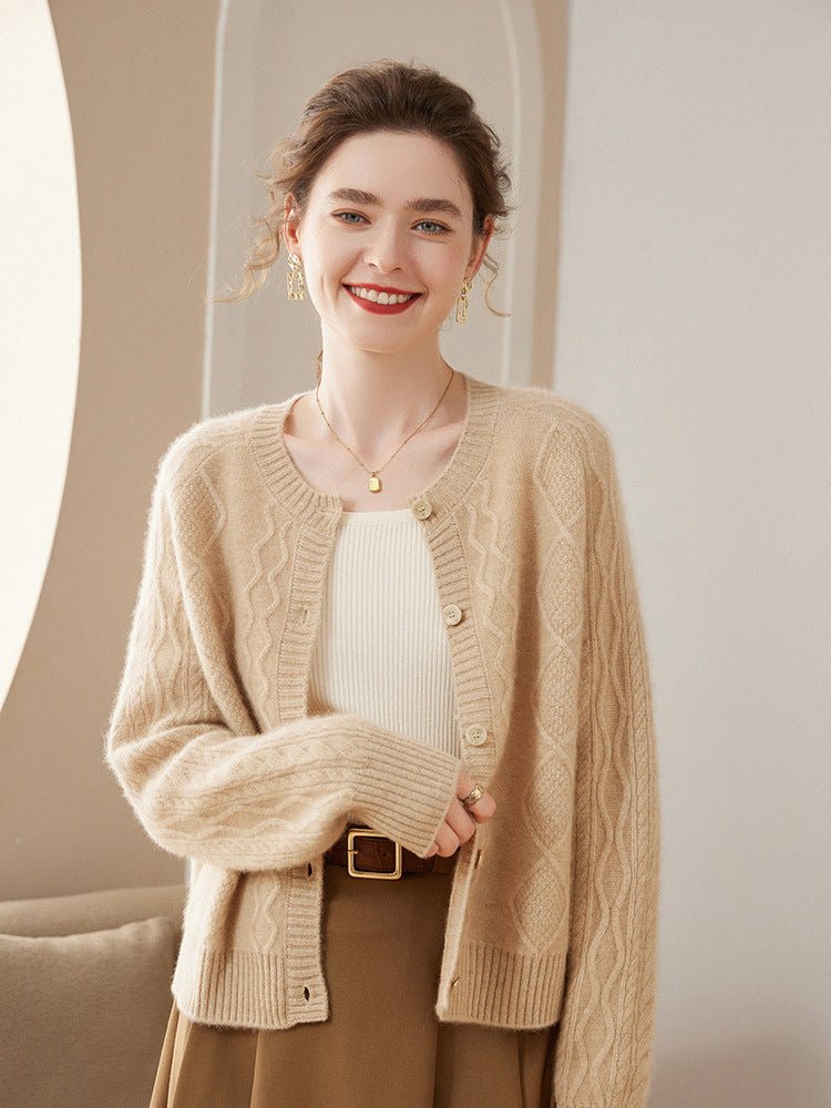 Womens Crew Neck Cashmere Cardigan Solid Button - up Pullover Sweater Beige XS
