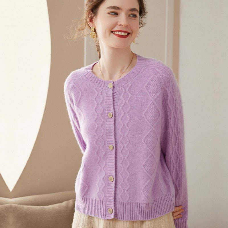 Womens Crew Neck Cashmere Cardigan Solid Button - up Pullover Sweater Purple XS