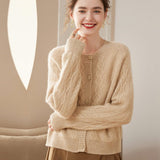 Womens Crew Neck Cashmere Cardigan Solid Button - up Pullover Sweater Beige XS