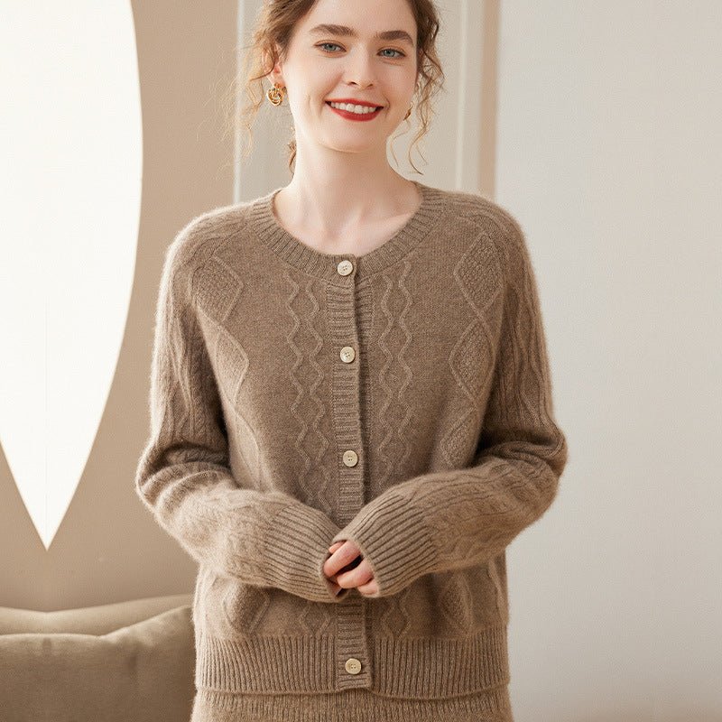 Womens Crew Neck Cashmere Cardigan Solid Button - up Pullover Sweater Taupe XS