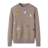Womens Crew Neck Cashmere Sweater Playful Animal Embroidery Pullover Taupe S