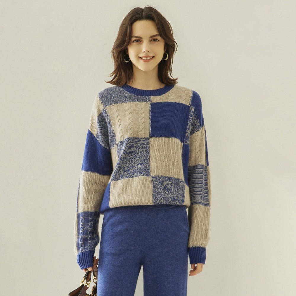 Womens Crew Neck Cashmere Sweater Warm Plaid Cashmere Knit Pullover Blue - 2 XS