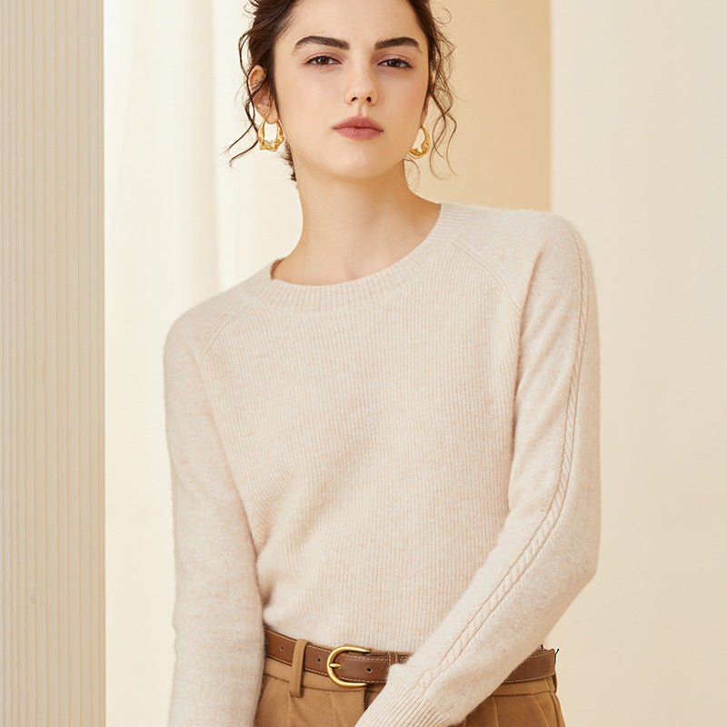 Womens Crewneck Long Sleeve Cashmere Sweater Tops Beige XS