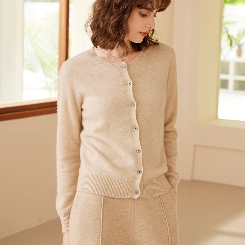 Womens Crew Neck Cashmere Cardigan Button Closure Cashmere Coat Beige XS