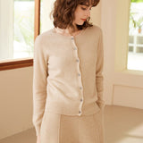 Womens Crew Neck Cashmere Cardigan Button Closure Cashmere Coat Beige XS