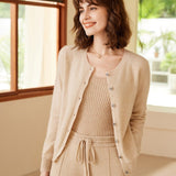 Womens Crew Neck Cashmere Cardigan Button Closure Cashmere Coat Beige XS