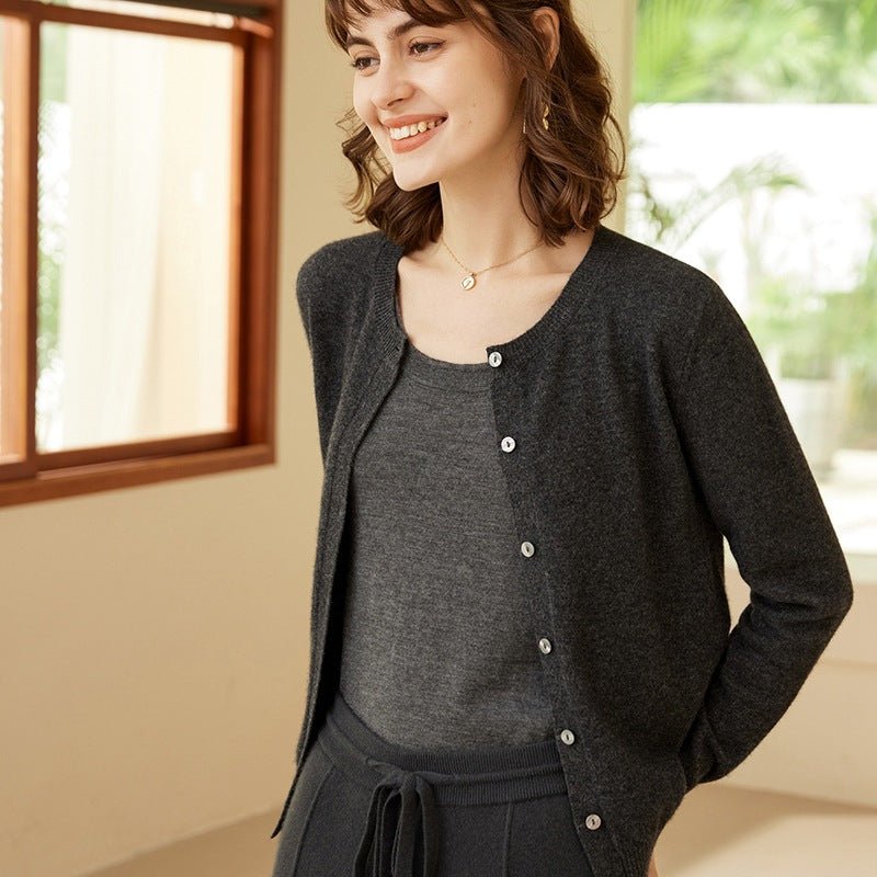 Womens Crew Neck Cashmere Cardigan Button Closure Cashmere Coat Gray XS