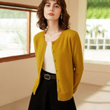 Womens Crew Neck Cashmere Cardigan Button Closure Cashmere Coat Yellow XS