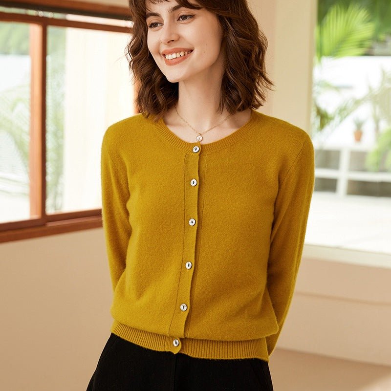 Womens Crew Neck Cashmere Cardigan Button Closure Cashmere Coat Yellow XS