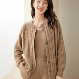 Womens Cable Knit Button - Up Cashmere Cardigan Crew Neck Cashmere Coat Taupe XS