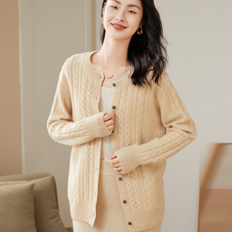 Womens Cable Knit Button - Up Cashmere Cardigan Crew Neck Cashmere Coat Beige XS
