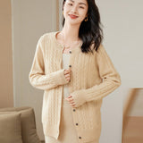 Womens Cable Knit Button - Up Cashmere Cardigan Crew Neck Cashmere Coat Beige XS