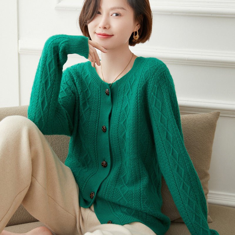 Womens Diamond Cable Knit Button - Up Cashmere Cardigan Crew Neck Coat Green XS