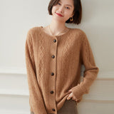 Womens Diamond Cable Knit Button - Up Cashmere Cardigan Crew Neck Coat Camel XS