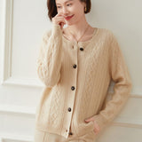 Womens Diamond Cable Knit Button - Up Cashmere Cardigan Crew Neck Coat Beige XS