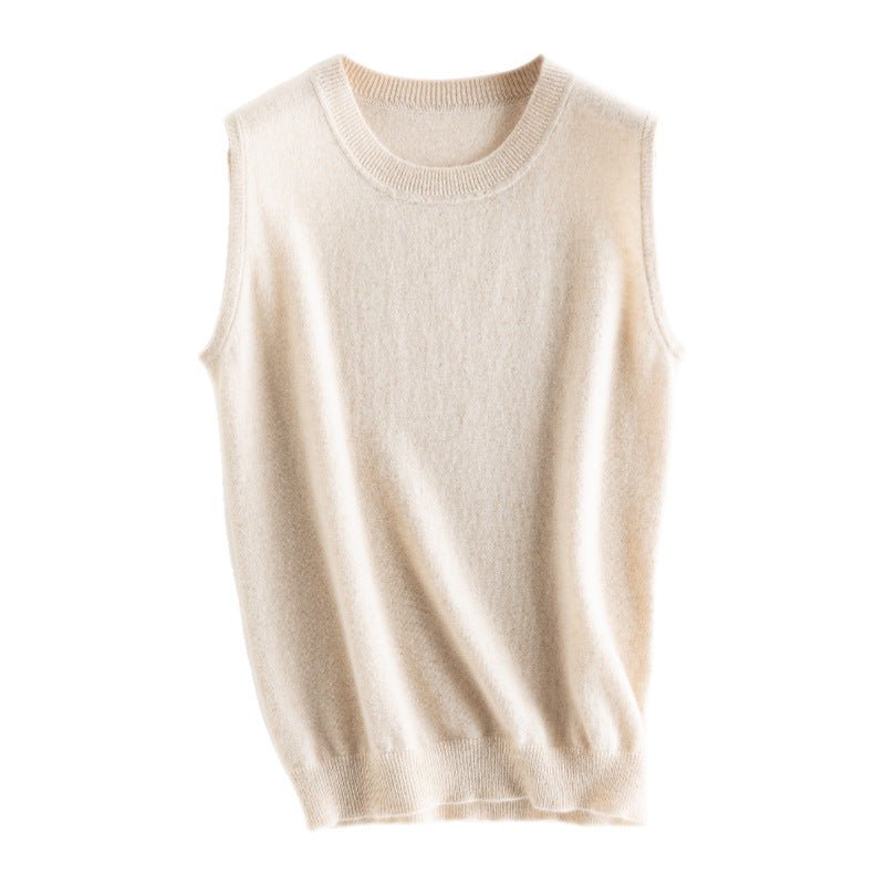 Womens Sleeveless Knit Cashmere Top Crew Neck Cashmere Vest Beige XS