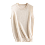 Womens Sleeveless Knit Cashmere Top Crew Neck Cashmere Vest Beige XS