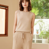 Womens Sleeveless Knit Cashmere Top Crew Neck Cashmere Vest Beige XS