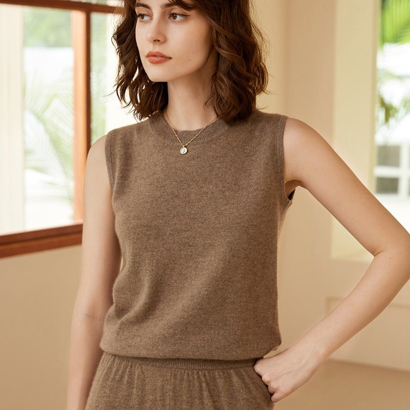 Womens Sleeveless Knit Cashmere Top Crew Neck Cashmere Vest Taupe XS