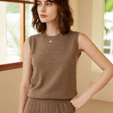 Womens Sleeveless Knit Cashmere Top Crew Neck Cashmere Vest Taupe XS