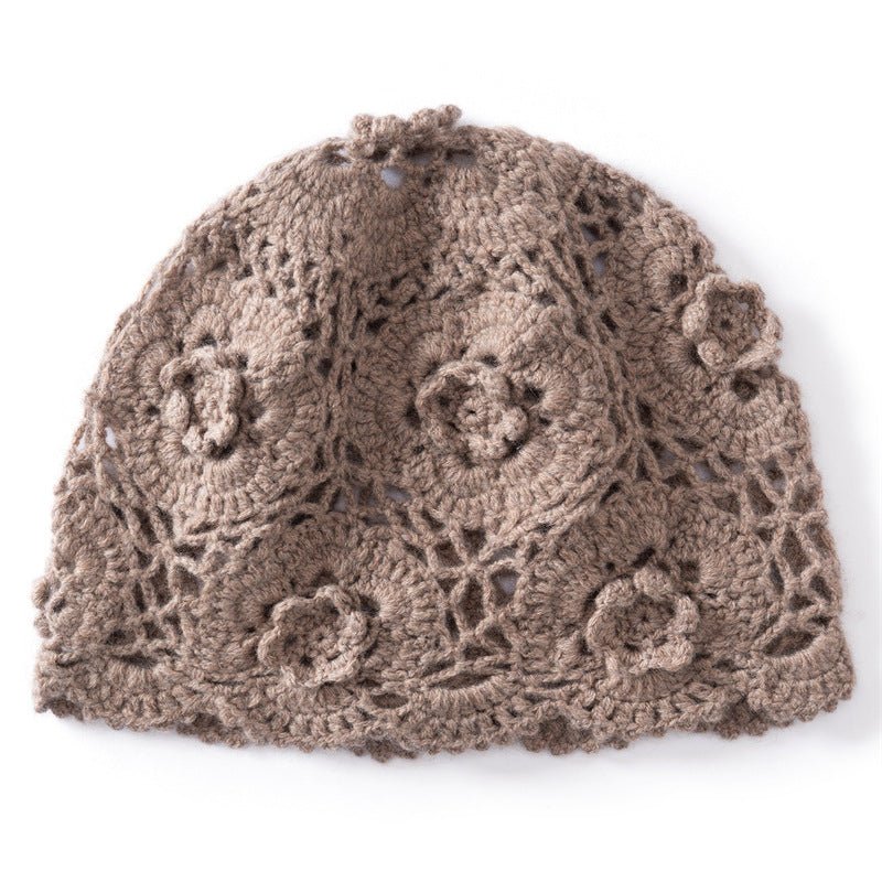 Womens Crochet Cashmere Beanie Textured Knit Cashmere Hat with Scalloped Edge Taupe M