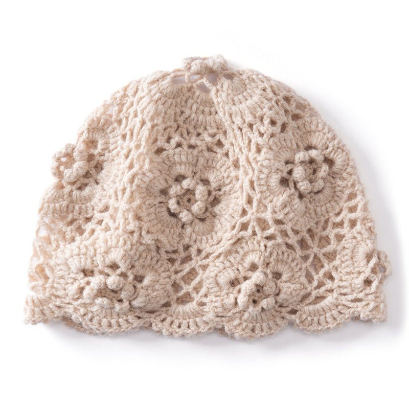 Womens Crochet Cashmere Beanie Textured Knit Cashmere Hat with Scalloped Edge Beige M