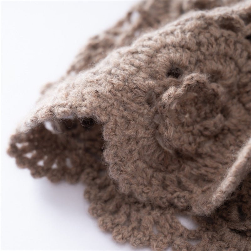 Womens Crochet Cashmere Beanie Textured Knit Cashmere Hat with Scalloped Edge Taupe M