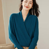 Womens Cashmere Wrap Sweater V - Neck Long Sleeve Cashmere Tops Ocean Blue XS