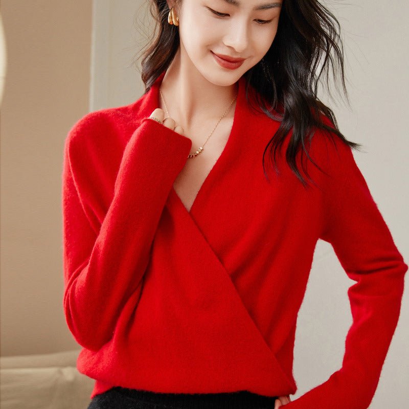 Womens Cashmere Wrap Sweater V - Neck Long Sleeve Cashmere Tops Red XS