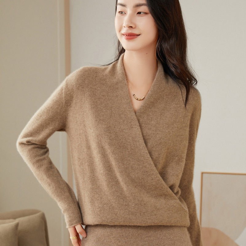 Womens Cashmere Wrap Sweater V - Neck Long Sleeve Cashmere Tops Taupe XS