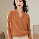 Womens Cashmere Wrap Sweater V - Neck Long Sleeve Cashmere Tops Camel XS