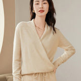 Womens Cashmere Wrap Sweater V - Neck Long Sleeve Cashmere Tops Beige XS