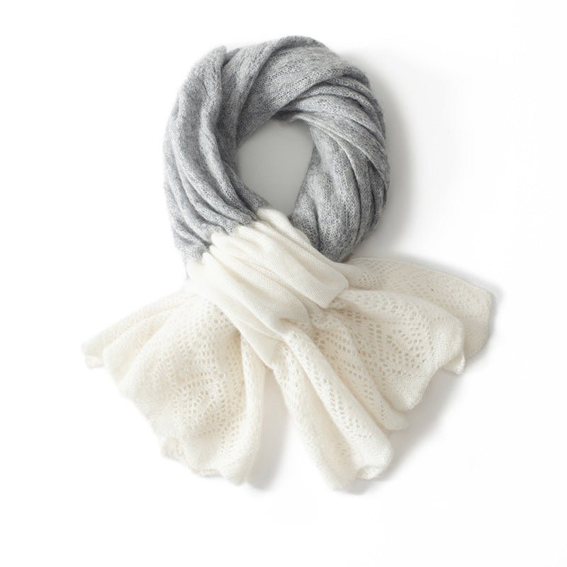 Womens Cashmere Two - tone Scarf With Ruffled Lace Cashmere Neckerchief Gray + Ivory M