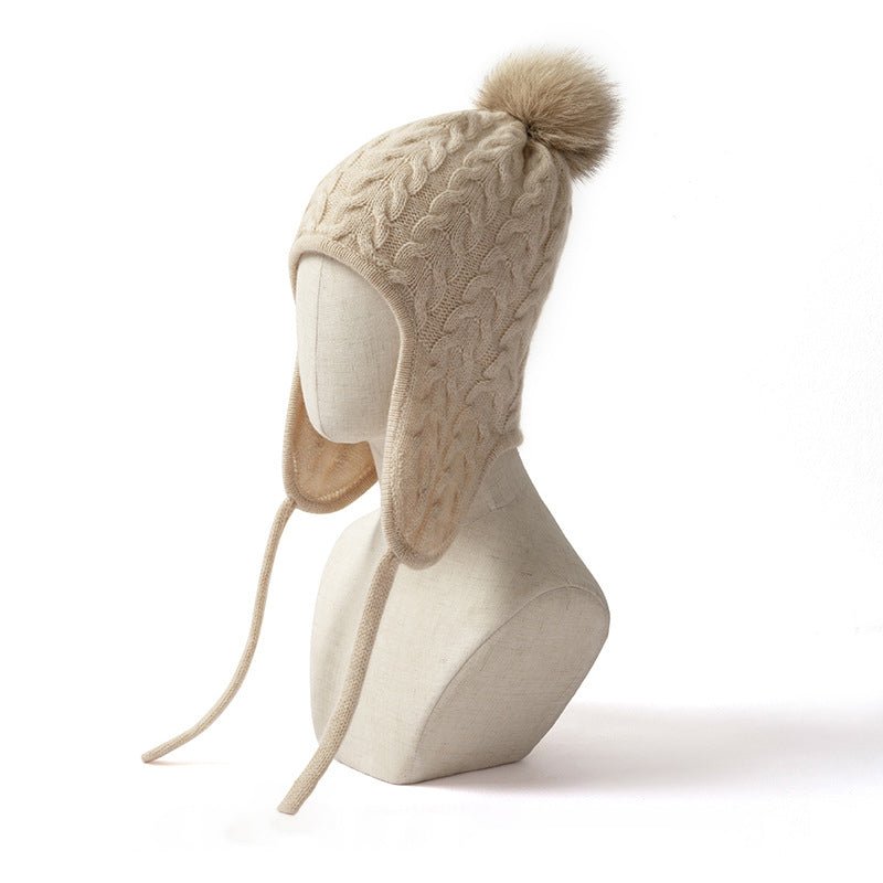 Womens Cashmere Knitted Hat With Fur Pom Cashmere Earflap Cap Beige M