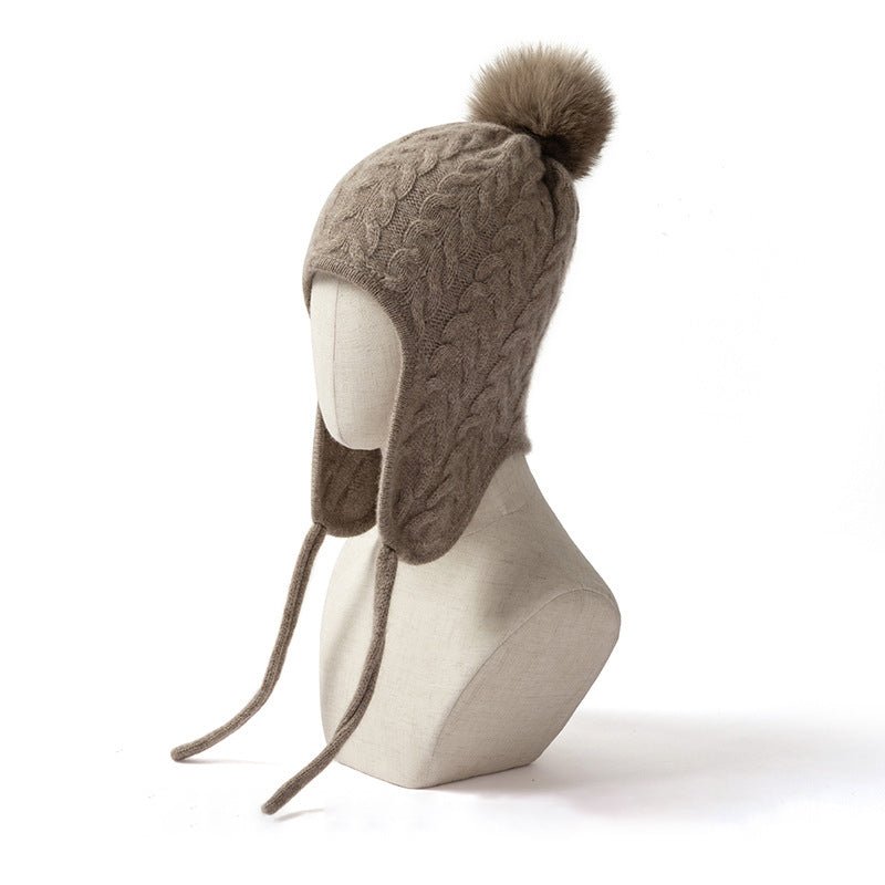 Womens Cashmere Knitted Hat With Fur Pom Cashmere Earflap Cap Taupe M