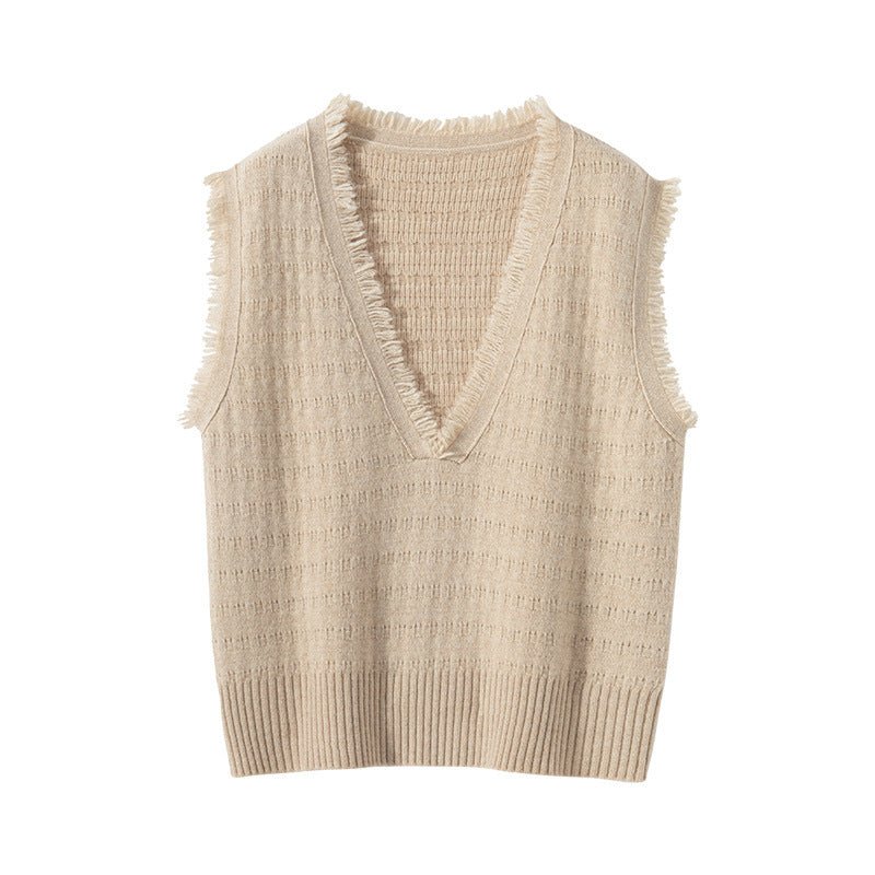 Womens Fringed V - Neck Cashmere Sweater Sleeveless Cashmere Vest Beige XS