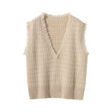 Womens Fringed V - Neck Cashmere Sweater Sleeveless Cashmere Vest Beige XS