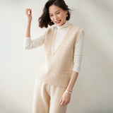 Womens Fringed V - Neck Cashmere Sweater Sleeveless Cashmere Vest Beige XS