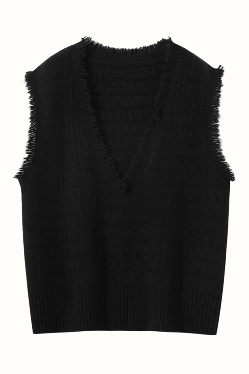 Womens Fringed V - Neck Cashmere Sweater Sleeveless Cashmere Vest Black XS