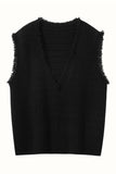 Womens Fringed V - Neck Cashmere Sweater Sleeveless Cashmere Vest Black XS
