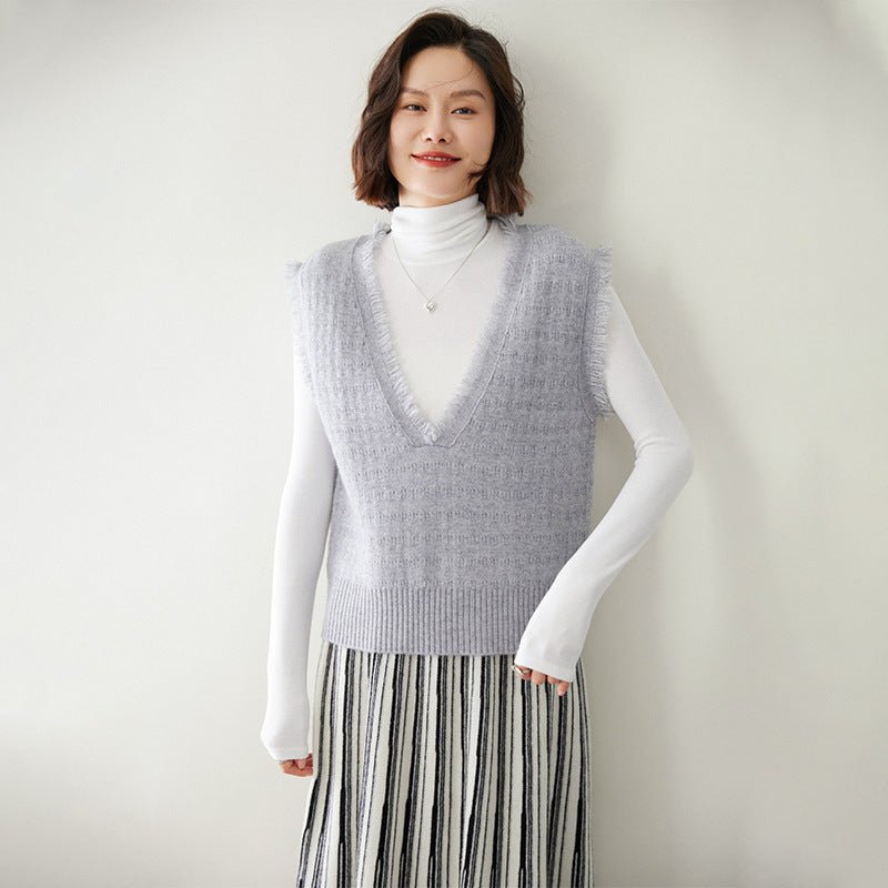 Womens Fringed V - Neck Cashmere Sweater Sleeveless Cashmere Vest Gray XS