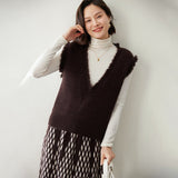 Womens Fringed V - Neck Cashmere Sweater Sleeveless Cashmere Vest Coffee XS