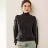 Womens Diamond Knit Cashmere Sweater Turtleneck Cashmere Pullover Gray XS