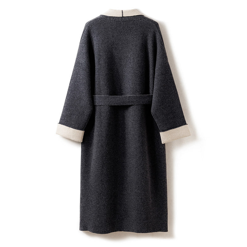 Womens Double Faced Pure Cashmere Coat with Belt Long Cardigan Cardigan Grey One size fits most