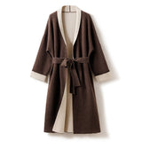 Womens Double Faced Pure Cashmere Coat with Belt Long Cardigan Cardigan Coffee One size fits most