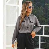 Womens Silk Blouse Long Sleeve Bow - tie Neck Silk Shirts Dark Gray XS