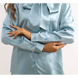 Womens Silk Blouse Long Sleeve Bow - tie Neck Silk Shirts Haze Blue XS