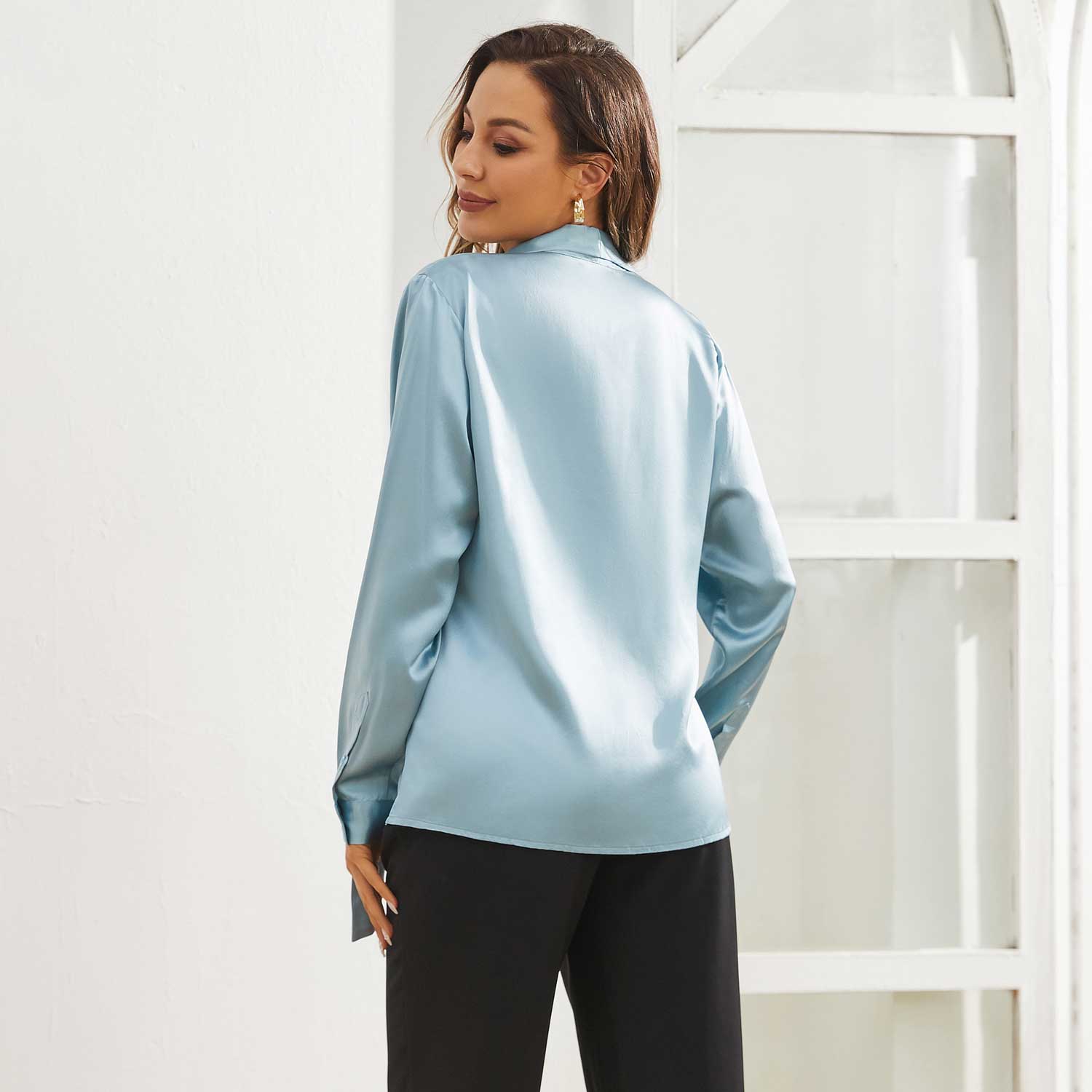 Womens Silk Blouse Long Sleeve Bow - tie Neck Silk Shirts Haze Blue XS