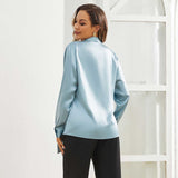 Womens Silk Blouse Long Sleeve Bow - tie Neck Silk Shirts Haze Blue XS
