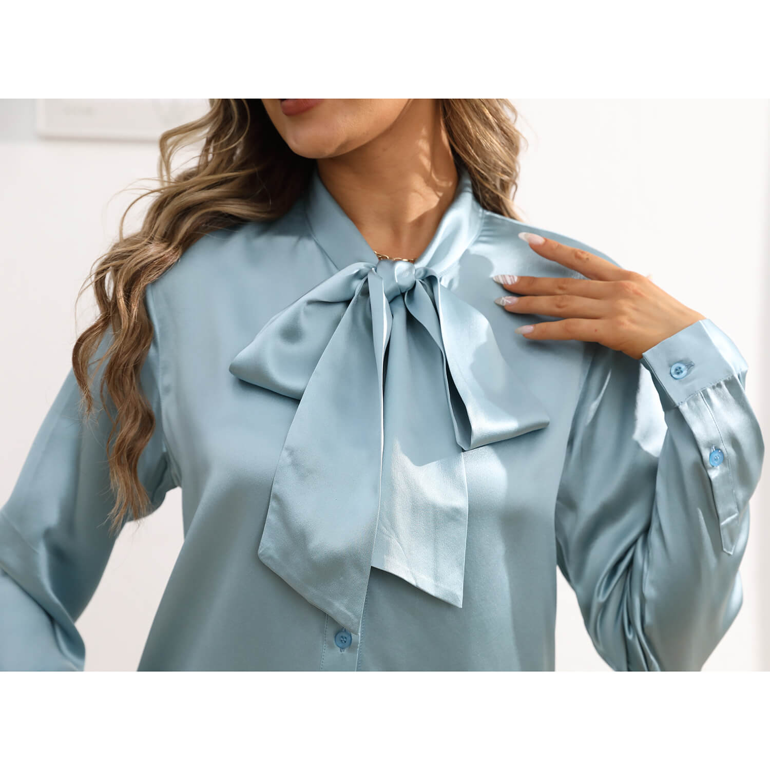 Womens Silk Blouse Long Sleeve Bow - tie Neck Silk Shirts Haze Blue XS